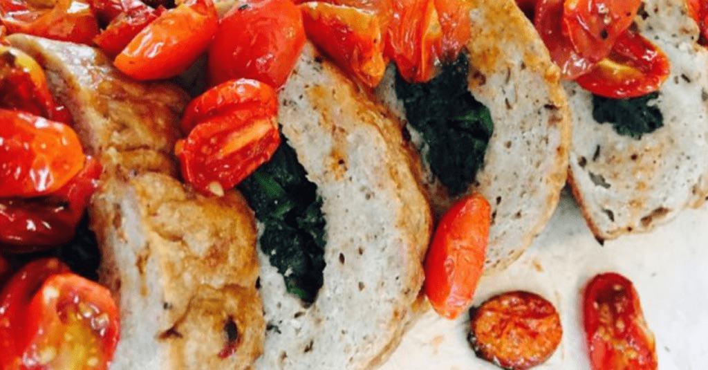 Spinach Stuffed Chicken Meatloaf with Roasted Tomatoes