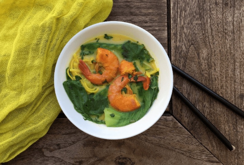 Shrimp Curry with Bok Choy, Snowpeas and Brown Rice Noodles