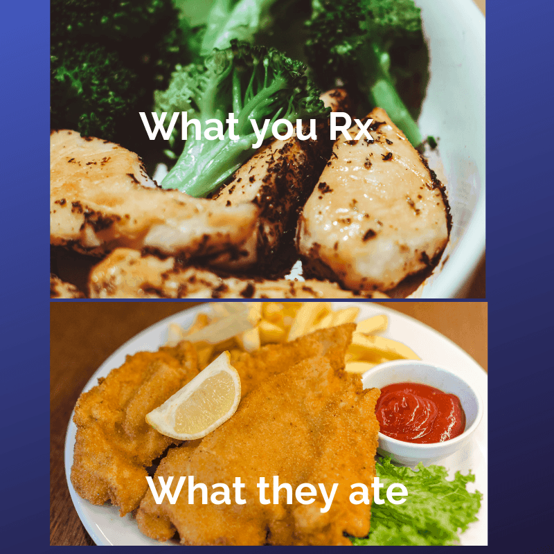 roasted chicken broccoli tagged with what you Rx above fried chicken fries tagged with what they ate